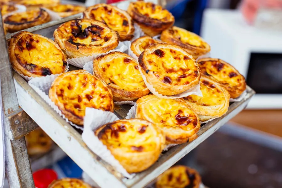 Traditional Pastel De Nata on sale in a market in Portugal