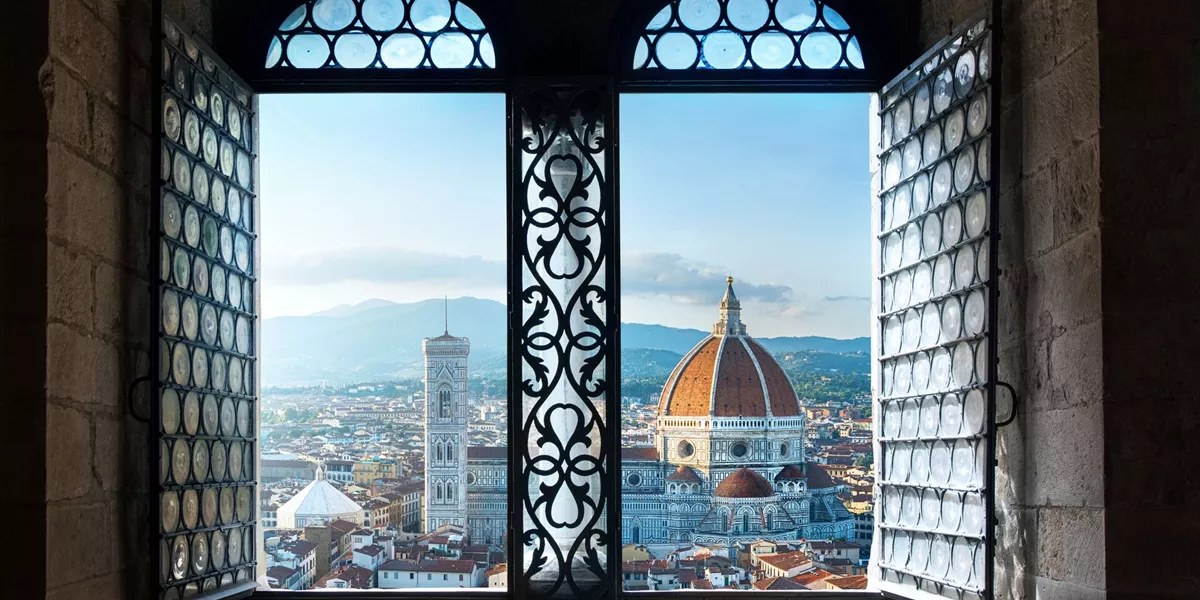 Beautiful Florence skyline through old window