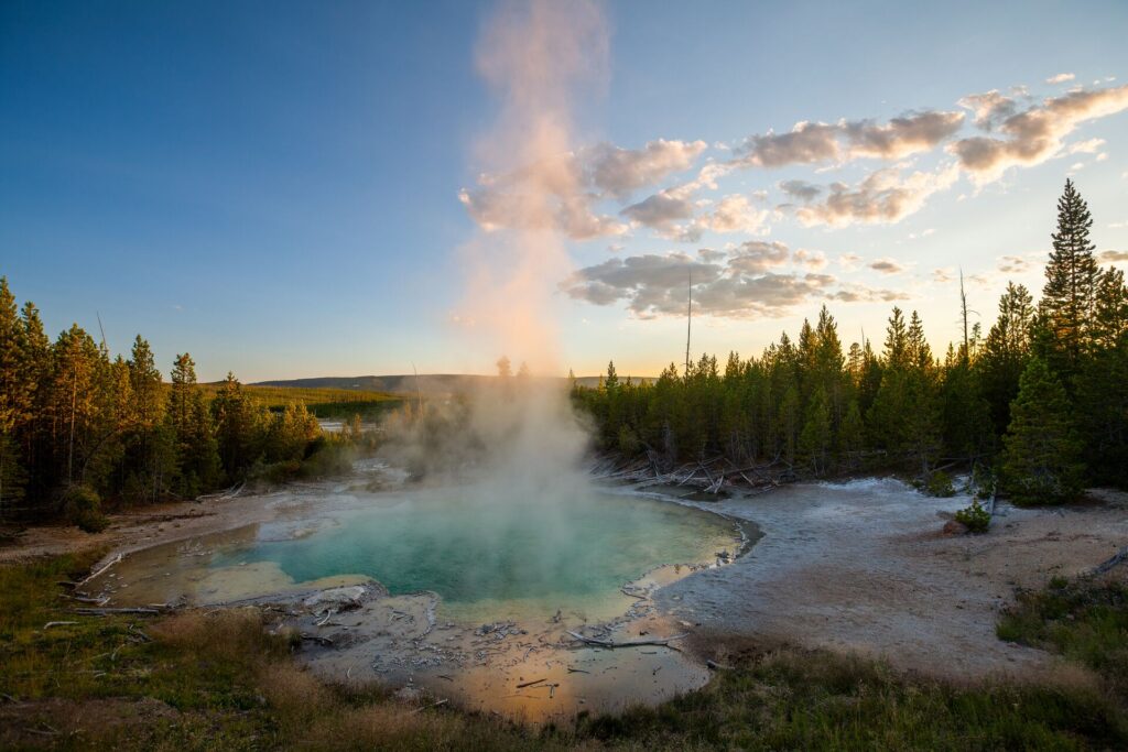 Norris hot spring in Yellowstone National Park at sunset, with green steaming water, a blue sky and green trees.