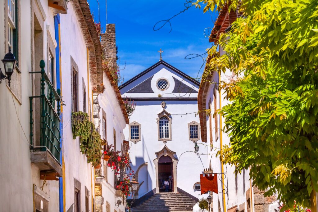 A narrow street of whitewashed houses, a church at the end, with red flowers and green trees.