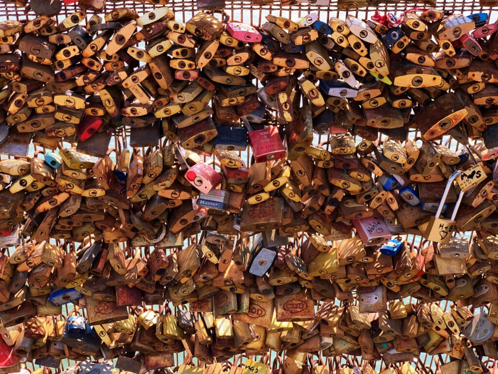 Hundreds of 'love locks' on the rails of a bridge over the River Seine