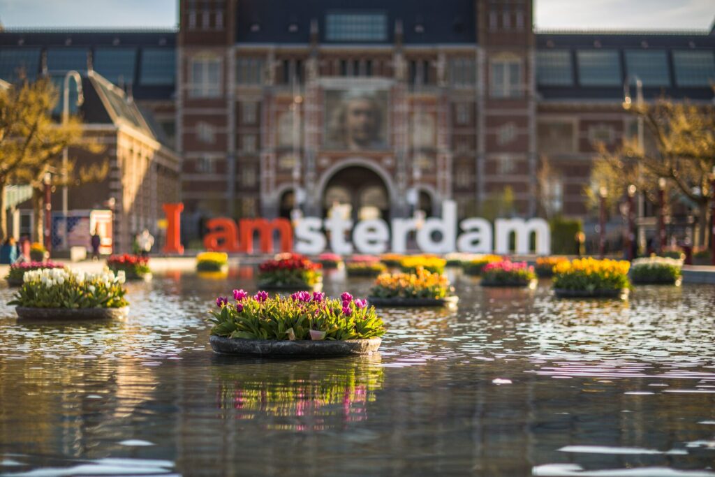 Tulips float outside Rijks Museum in Amsterdam