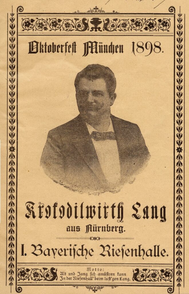 Image of an old poster featuring George Lang, creator of Oktoberfest wearing a dinner jacket, bow tie and with a twirled moustache.