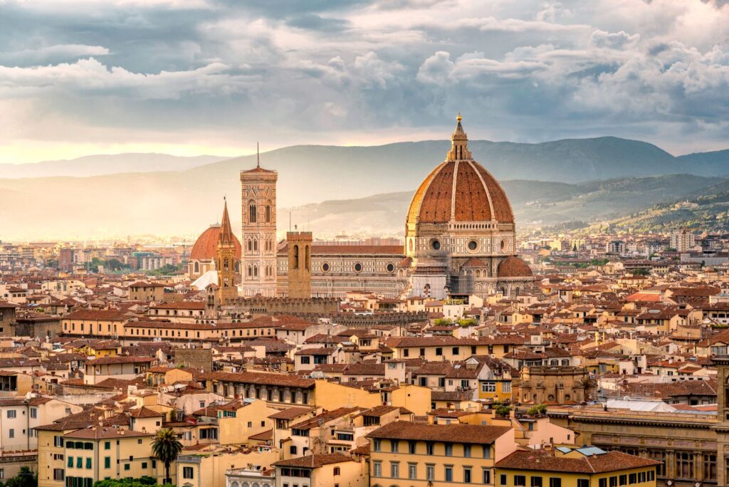 Sunset cityscape view of the Santa maria nouvelle Duomo and the town of Florence, in the Italian Tuscany