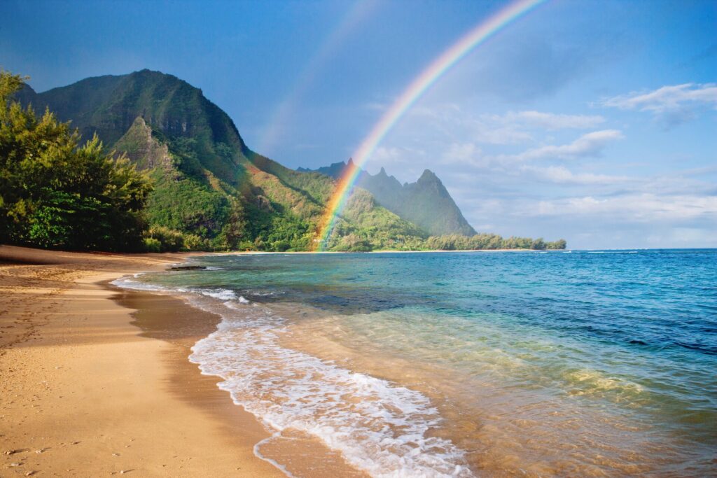 Rainbow in Hawaii falling onto the sea