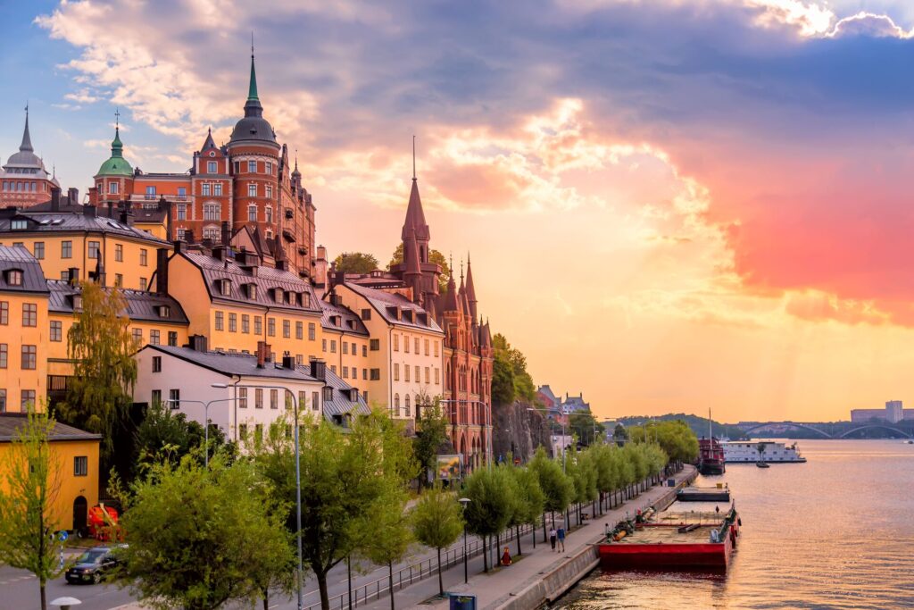 stockholm riverside at sunset