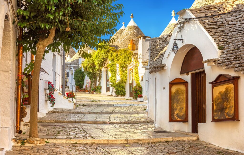 A street walkway of trulli houses in Puglia