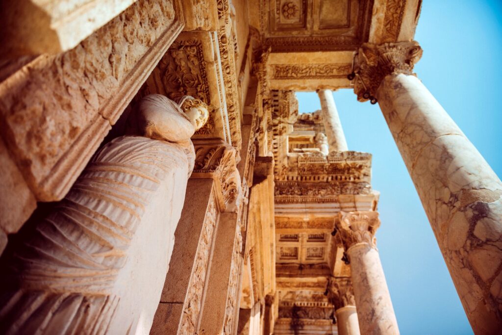 Giant carved stone columns of Ephesus, the Library of Celsus, in Turkey 