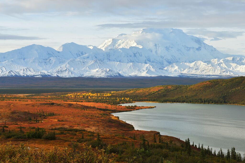 view of Denali mountain and lake