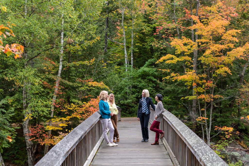 Women on a bridge in the White Mountain forest