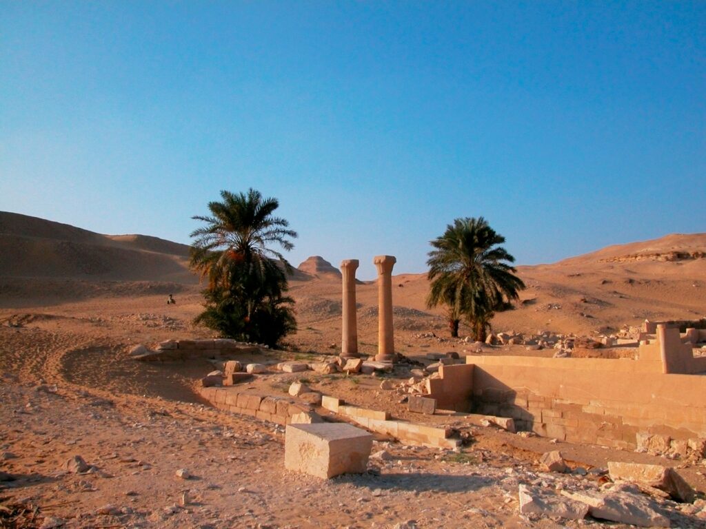 Lone palm trees and stone columns in the desert with a pyramid in the background