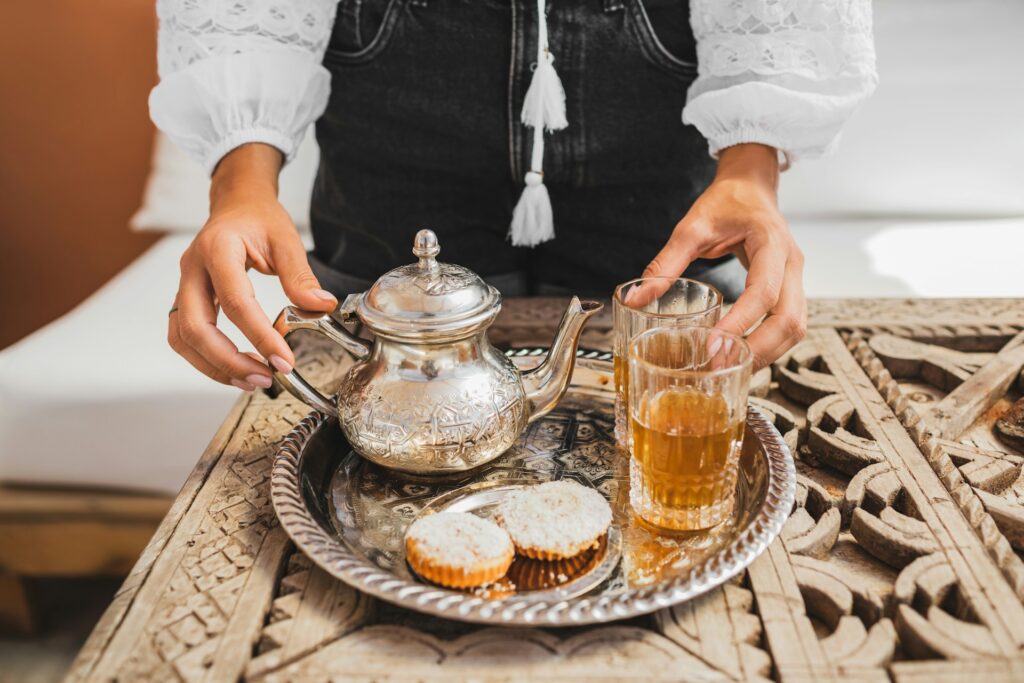 Moroccan mint tea served on a silver tray