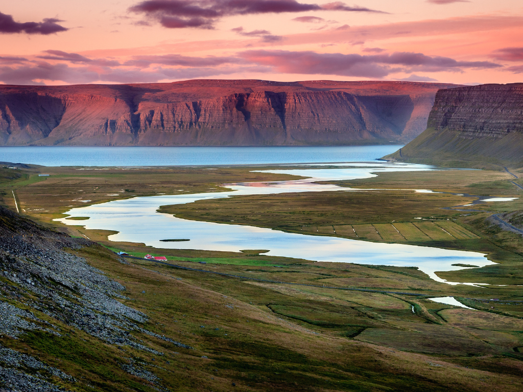 iceland westfjords region, beautiful mesas and valleys surround a lake