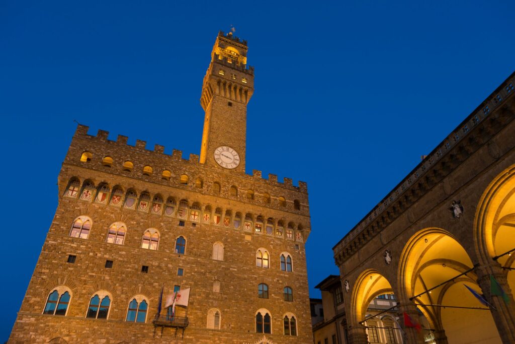 A view of the Palazzo Vecchio at night