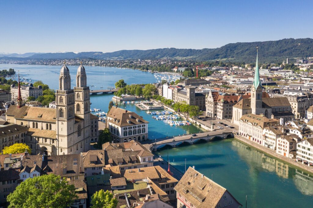 Aerial shot of Zurich Old Town on the river.