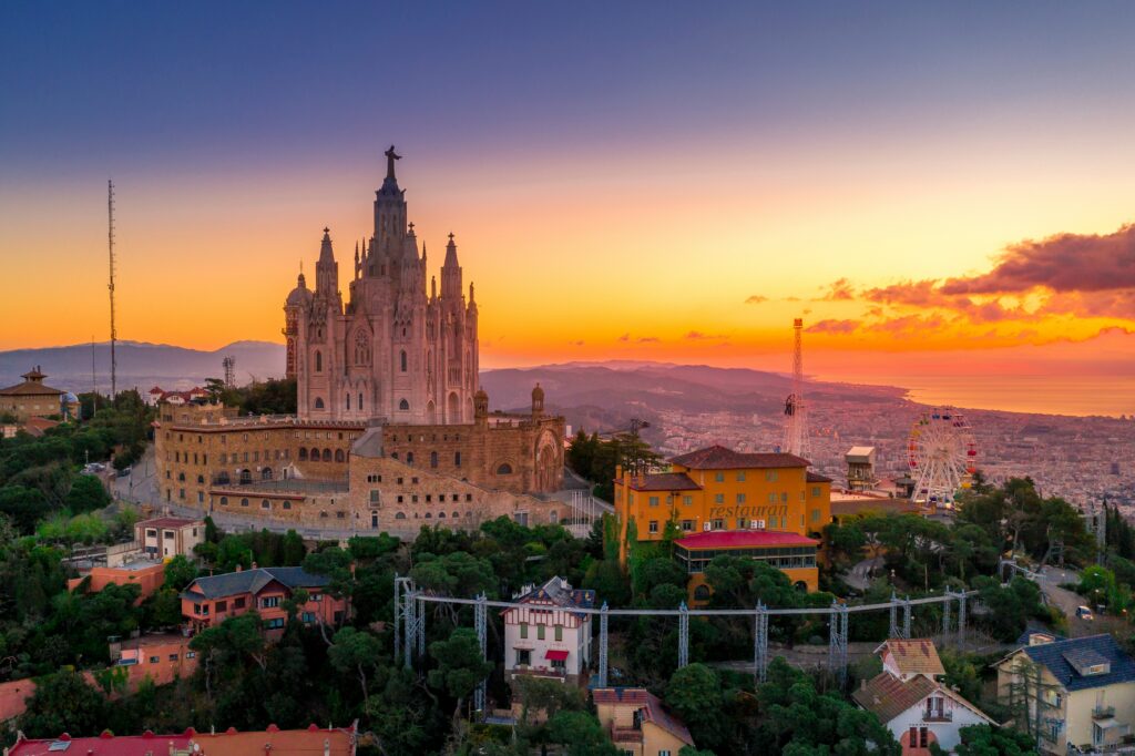 sunset view of barcelona city