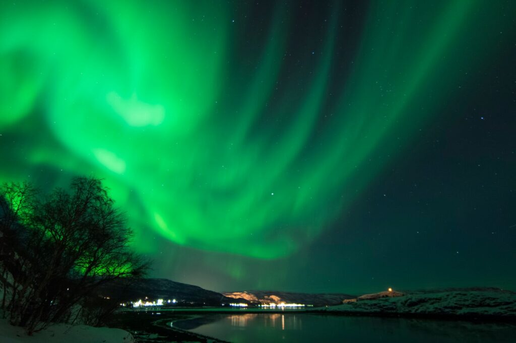 Norway's Northern Lights shone neon green across a black sky, with city lights in the distance and a black water lake.