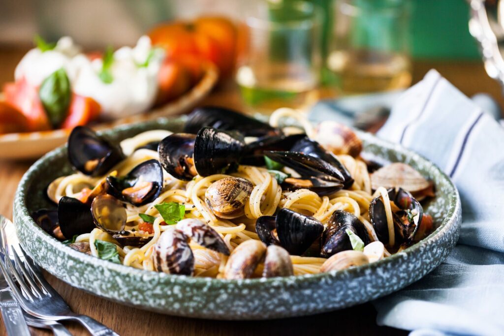 A plate of authentic Italian seafood pasta