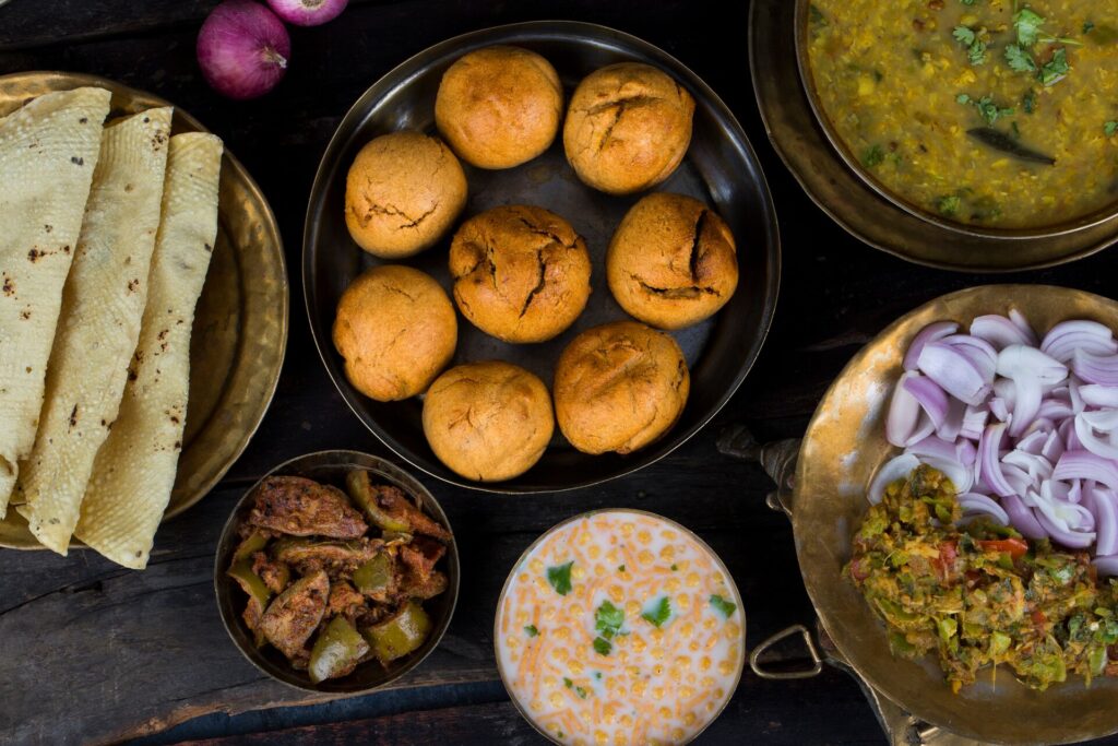 Aerial shot of Indian food dishes