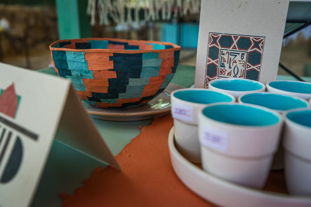 Traditional Jordanian ceramics and paper bowls produced by the Iraq Al-Amir Women’s Cooperative 