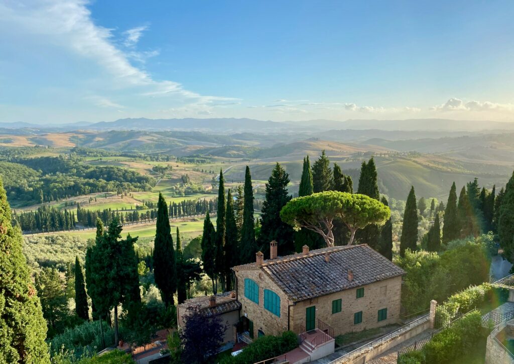 Italian villa overlooking rolling green countryside 